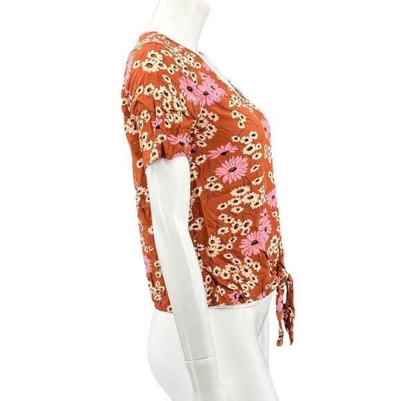 Madewell Top Womens XS Burnt Clay Novel Tie Front Hillside Daisies Floral Boho - Picture 3 of 8